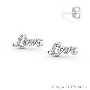 "Love" Script CZ Crystal Stud Earrings in .925 Sterling Silver w/ Rhodium